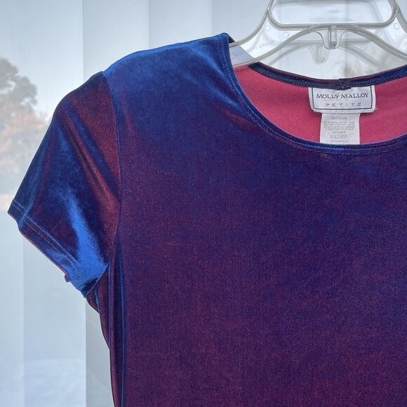 Vintage Molly Malloy Blue Cross Velvet Dress Size 6 Pink Iridescent Short Sleeve - Picture 6 of 12